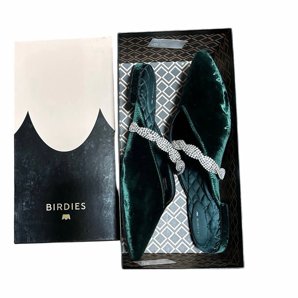 Birdies “the Swan” emerald green velvet and rhinestone strapped slides sz 9 - Picture 6 of 6